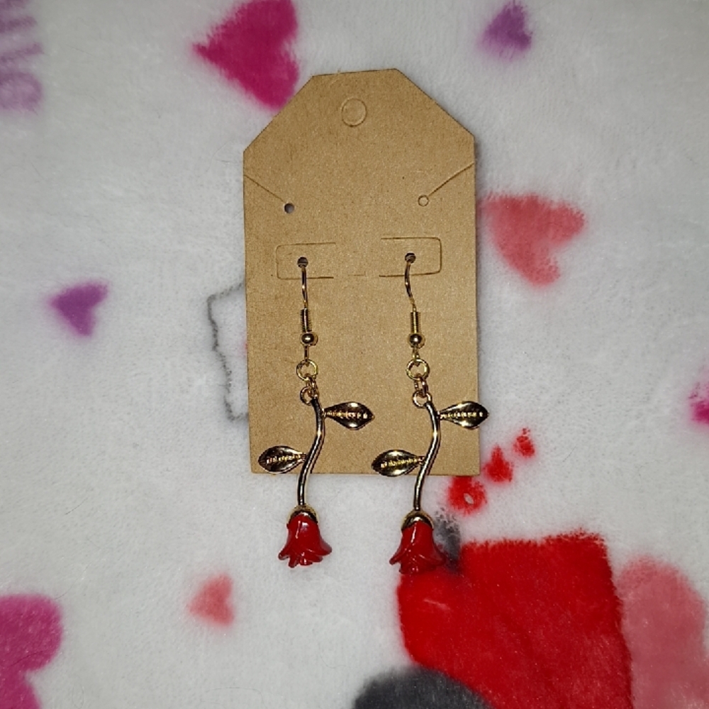 Elegant Gold and Red Rose Dangle Earrings